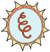 A small, cartoon styled virus icon. The virus itself is red and looks similar to a slightly misshapen spring, and it is placed on a blue background. The blue background has a orange border that is broken into slightly rounded sections. Outside the orange border there is a yellow explosion effect with its own small black border.