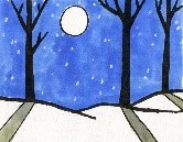 This picture shows a drawn, wintery night scene where the moon can be shining between the trees casting their shadows towards the viewer 